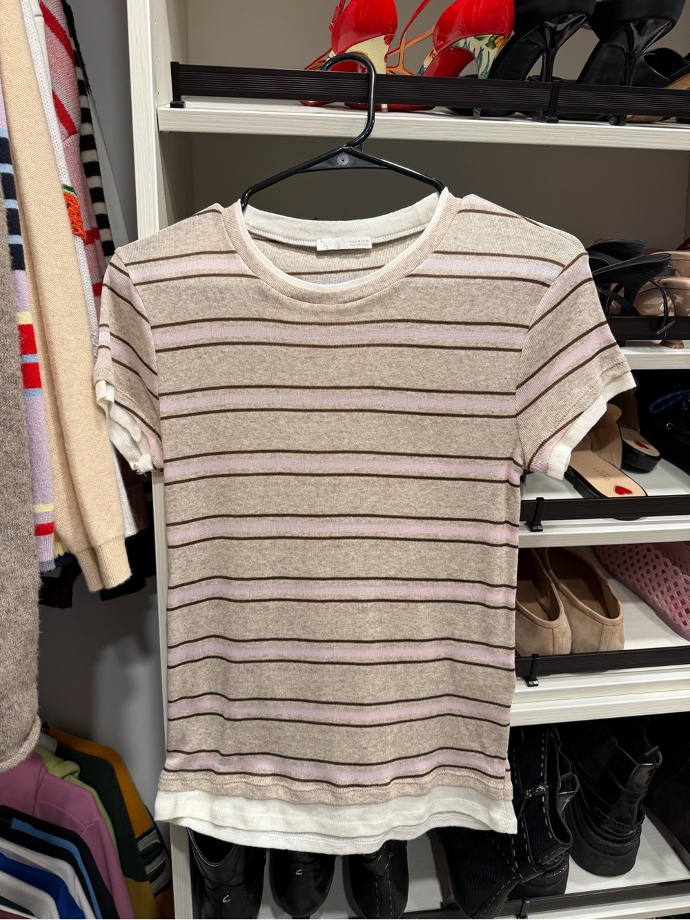 Zara Beige Top with Pink and Brown Stripes